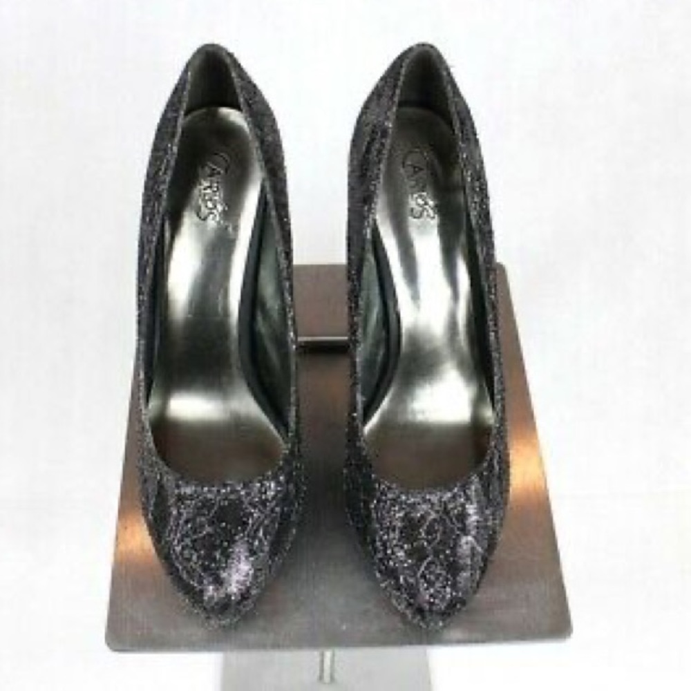 Carlos Santana Womens Black Silver Glitter Lace Stiletto Heel Pump